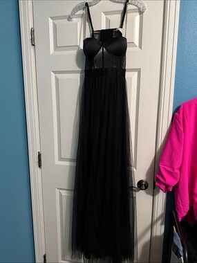 NanaMacs Black Sheer Mesh Long Evening Dress with Structured Bust